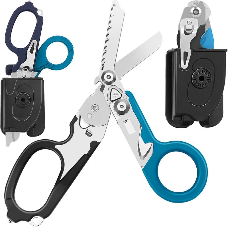DEKELIY مقص صدمات متعدد الوظائف 6 في 1، مقص استجابة الطوارئ، مقص فولاذي مقاوم للصدأ قابل للطي مع حافظة، مقص طبي للصدمات مع قاطع حزام أسود+أزرق - Image 1